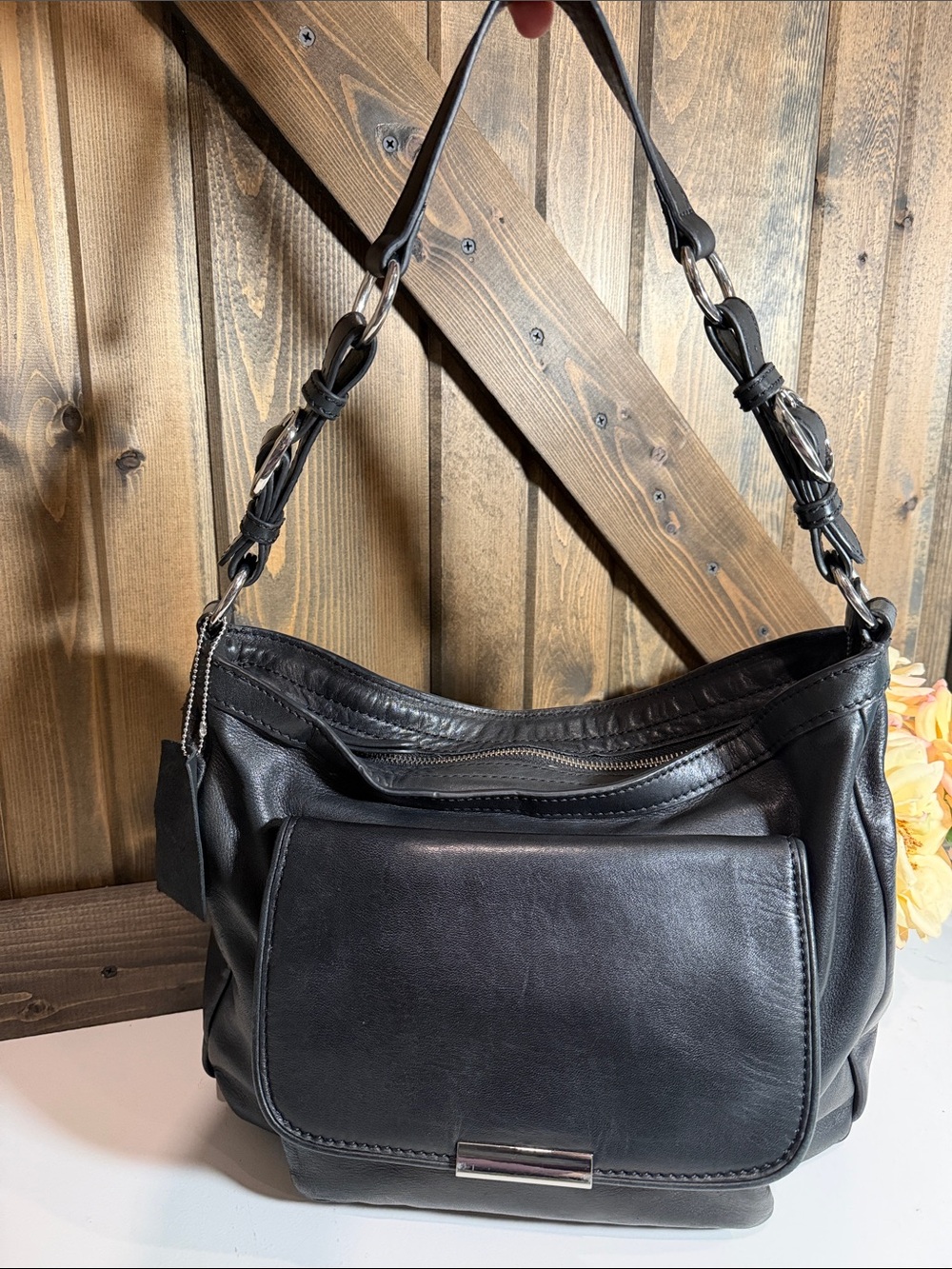Danier Black Leather Shoulder Bag with Front Flap